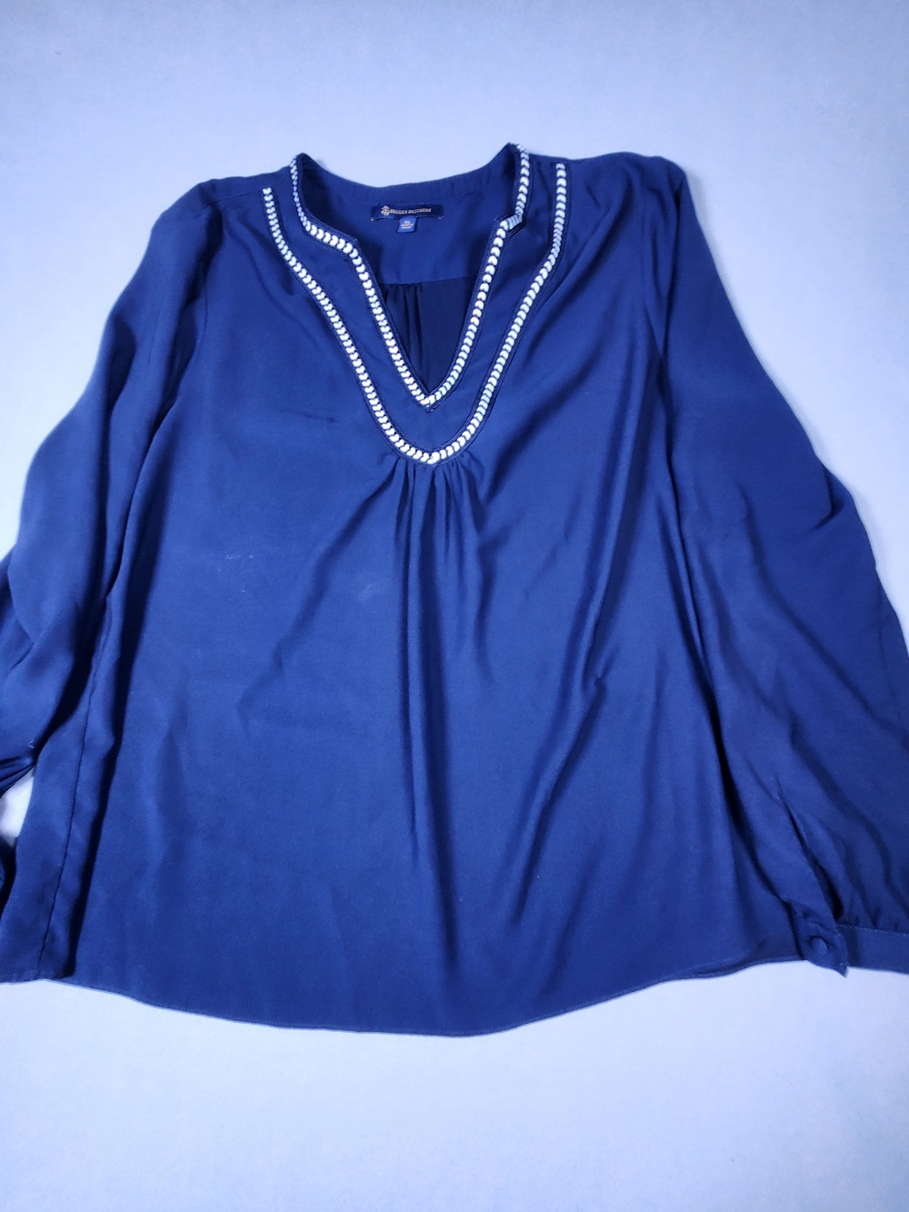 Brooks Brothers Navy Trimmed V-Neck Long Sleeve Blouse